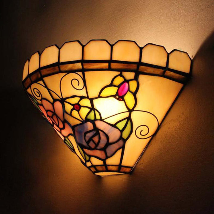 Lisslune | 1 Light Beige Cone Wall Lamp with Flower and Butterfly Woven Glass Wall Light