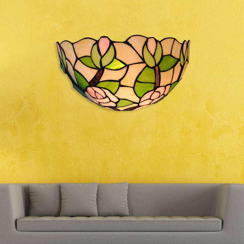Lisslune | Green shell wall lamp with pink rose rustic 1 head stained glass mini wall lamp