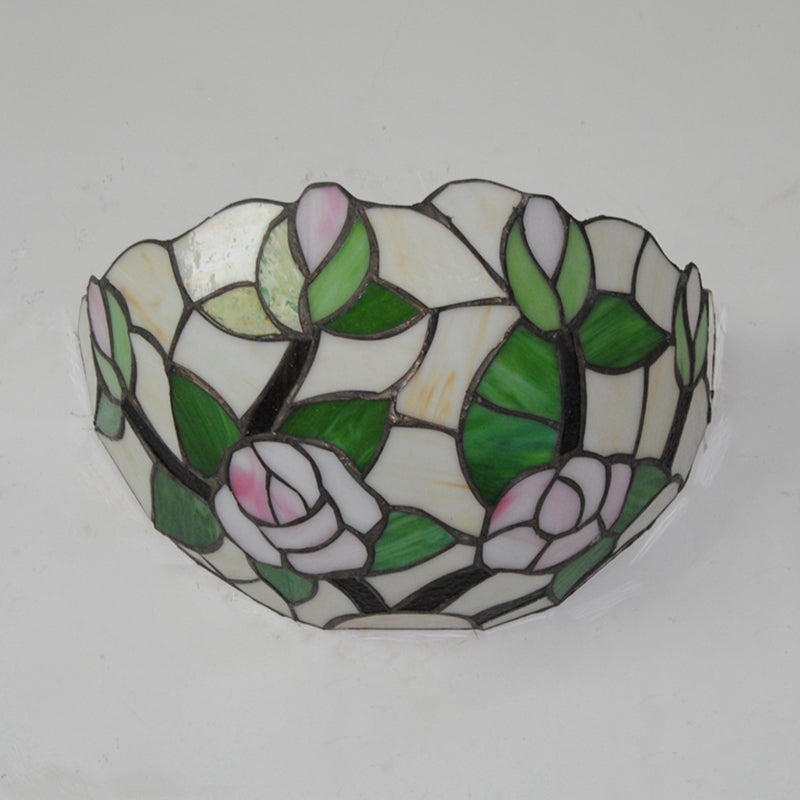 Lisslune | Green shell wall lamp with pink rose rustic 1 head stained glass mini wall lamp