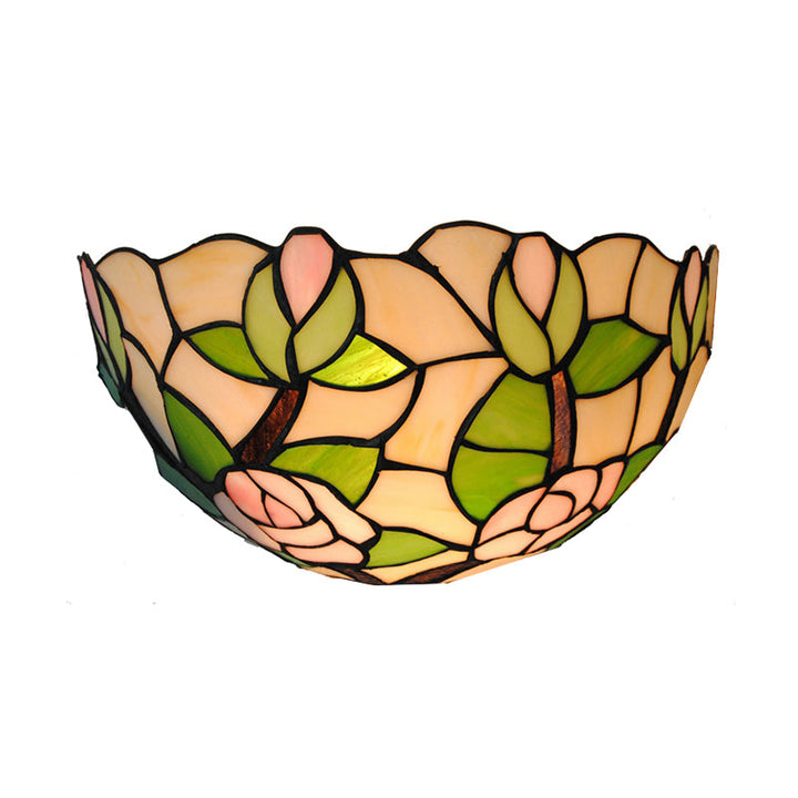 Lisslune | Green shell wall lamp with pink rose rustic 1 head stained glass mini wall lamp