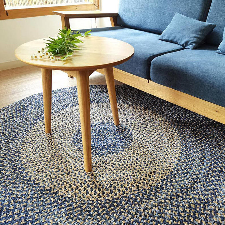 Lisslune | Country Circle Pattern Rug Blue and Brown Sisal Rug Non-Slip Back Washable Pet-Friendly Carpet for Home
