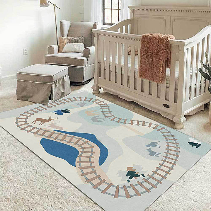 Lisslune | Blue Rail Pattern Carpet with Animals Polyester Kids Carpet Pet Friendly Washable Non-Slip Carpet for the Bedroom