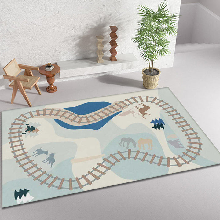 Lisslune | Blue Rail Pattern Carpet with Animals Polyester Kids Carpet Pet Friendly Washable Non-Slip Carpet for the Bedroom