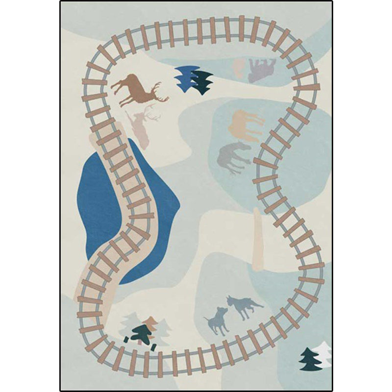 Lisslune | Blue Rail Pattern Carpet with Animals Polyester Kids Carpet Pet Friendly Washable Non-Slip Carpet for the Bedroom