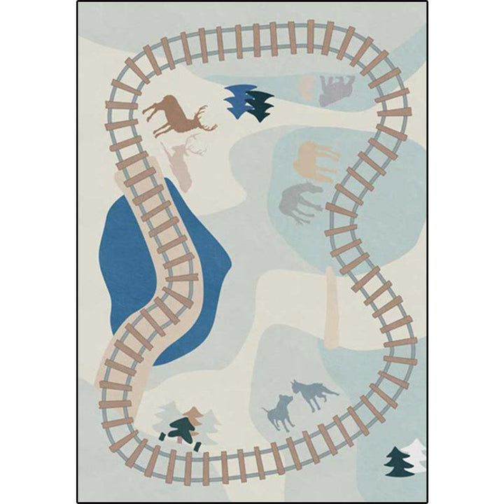 Lisslune | Blue Rail Pattern Carpet with Animals Polyester Kids Carpet Pet Friendly Washable Non-Slip Carpet for the Bedroom