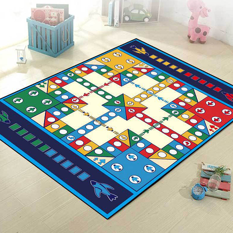 Lisslune | Blue Children's Room Carpet Kids Chessboard Pattern Carpet Polyester Washable Non-Slip Backing Pet-Friendly Carpet
