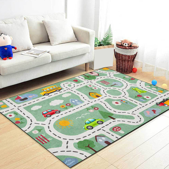 Lisslune | Kids Street Pattern Rug with Car Green Polyester Rug Non-Slip Pet Friendly Washable Rug for the Children's Room