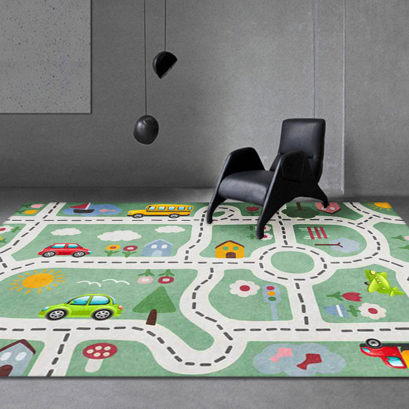 Lisslune | Kids Street Pattern Rug with Car Green Polyester Rug Non-Slip Pet Friendly Washable Rug for the Children's Room