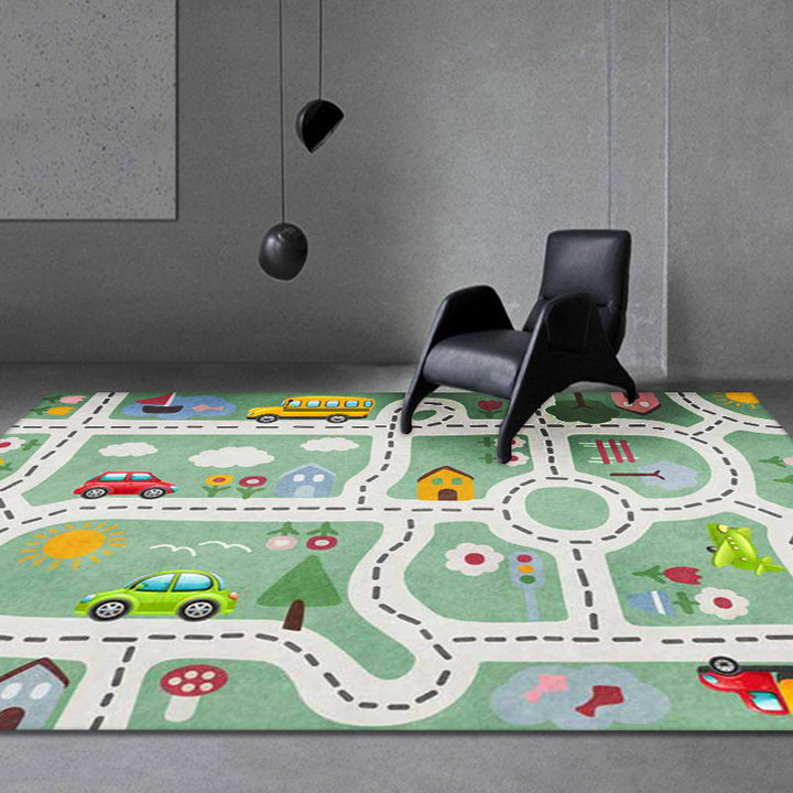 Lisslune | Kids Street Pattern Rug with Car Green Polyester Rug Non-Slip Pet Friendly Washable Rug for the Children's Room