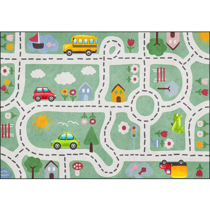 Lisslune | Kids Street Pattern Rug with Car Green Polyester Rug Non-Slip Pet Friendly Washable Rug for the Children's Room