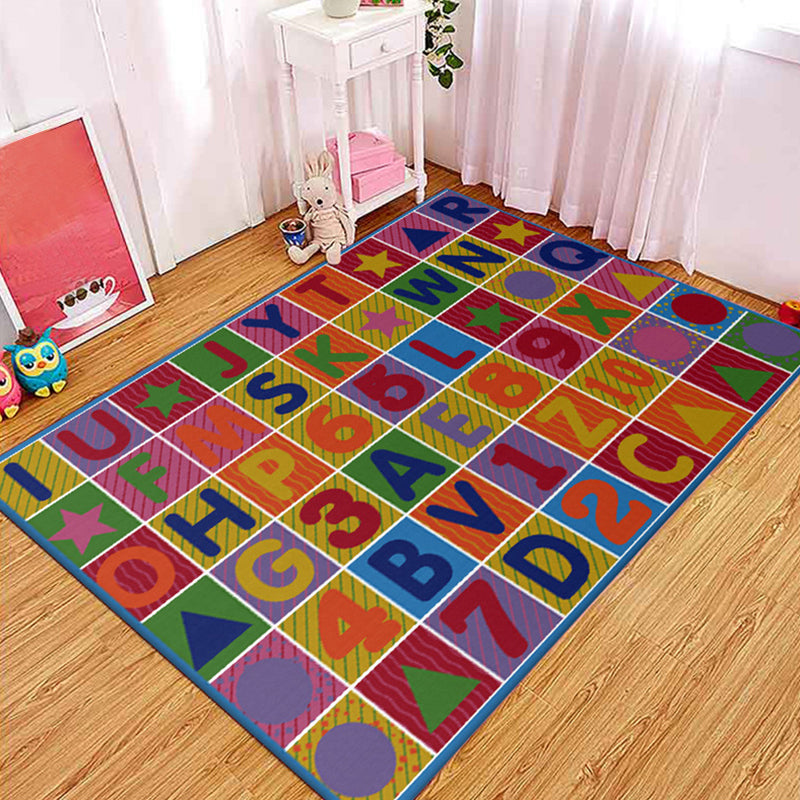 Lisslune | Multicolored Letter Pattern Rug Polyester Kids Rug Pet Friendly Washable Non-Slip Rug for the Bedroom