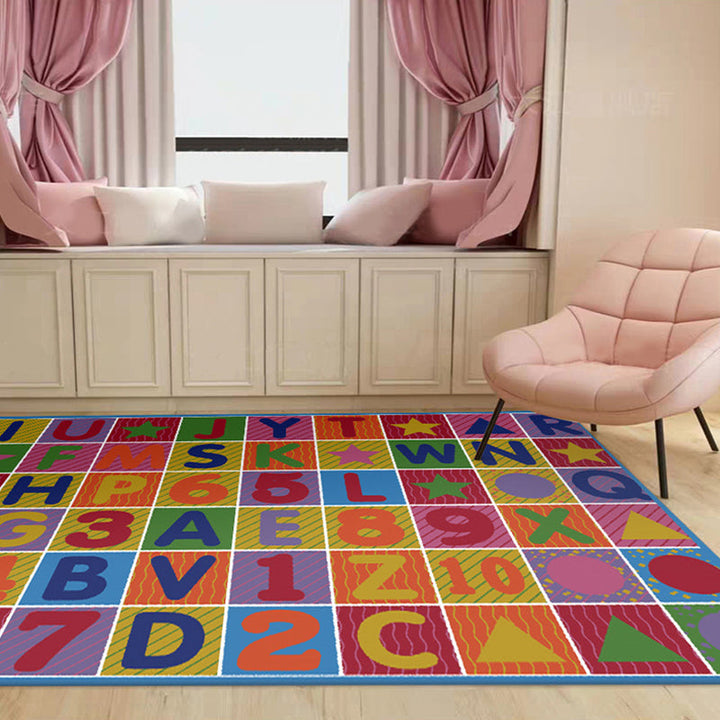 Lisslune | Multicolored Letter Pattern Rug Polyester Kids Rug Pet Friendly Washable Non-Slip Rug for the Bedroom