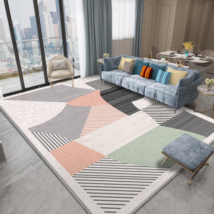 Lisslune | Novelty Geometric Pattern Rug with Stripes Multicolor Polyester Rug Non-Slip Pet Friendly Washable Rug for Living Room