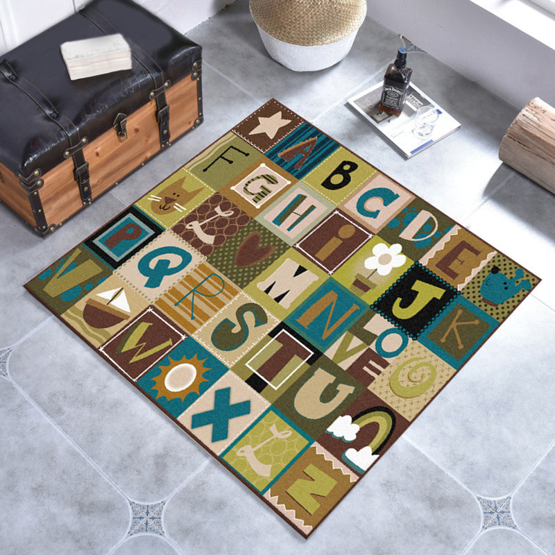 Lisslune | Kids Plaid Pattern Rug with Letters Brown Polyester Rug Non-Slip Pet-Friendly Washable Rug for Kids' Room