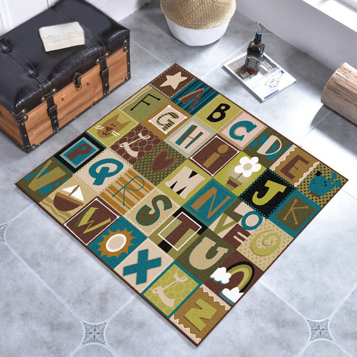 Lisslune | Kids Plaid Pattern Rug with Letters Brown Polyester Rug Non-Slip Pet-Friendly Washable Rug for Kids' Room