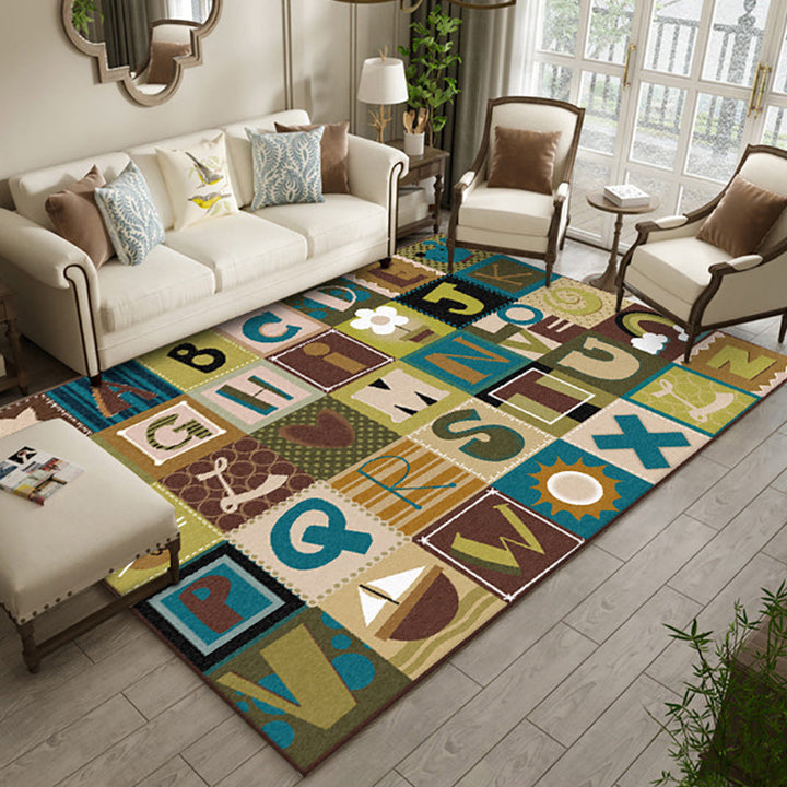 Lisslune | Kids Plaid Pattern Rug with Letters Brown Polyester Rug Non-Slip Pet-Friendly Washable Rug for Kids' Room