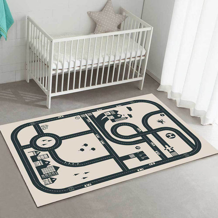 Lisslune | Stylish street pattern carpet with building Beige children's carpet Polyester pet-friendly washable non-slip carpet for decoration