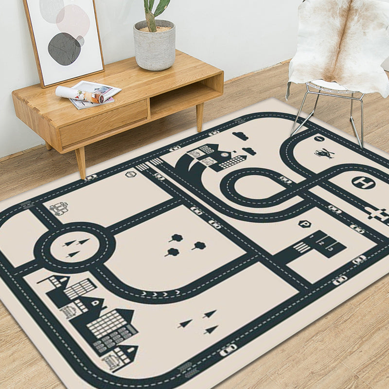 Lisslune | Stylish street pattern carpet with building Beige children's carpet Polyester pet-friendly washable non-slip carpet for decoration