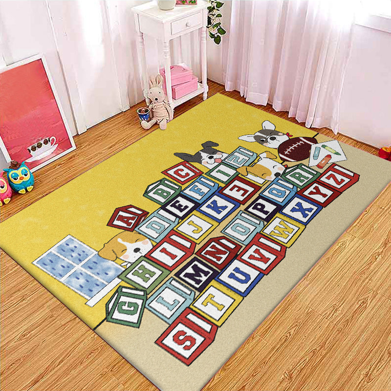Lisslune | Yellow Letter Pattern Carpet with Dog Polyester Kids Carpet Pet Friendly Washable Anti-Slip Carpet for Bedroom