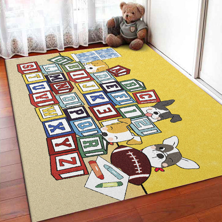 Lisslune | Yellow Letter Pattern Carpet with Dog Polyester Kids Carpet Pet Friendly Washable Anti-Slip Carpet for Bedroom
