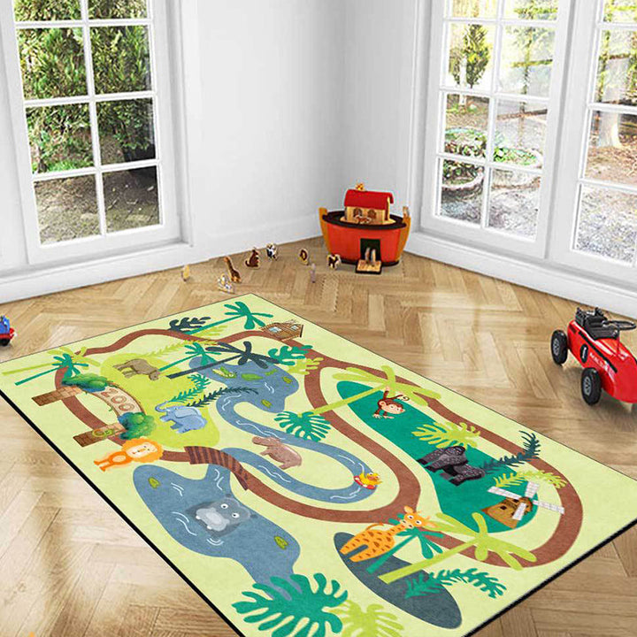 Lisslune | Children's Zoo Pattern Carpet with Animal Brown Polyester Carpet Non-slip Pet Friendly Washable Area Rug for Kids' Room