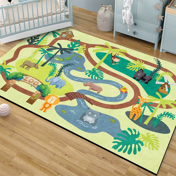 Lisslune | Children's Zoo Pattern Carpet with Animal Brown Polyester Carpet Non-slip Pet Friendly Washable Area Rug for Kids' Room