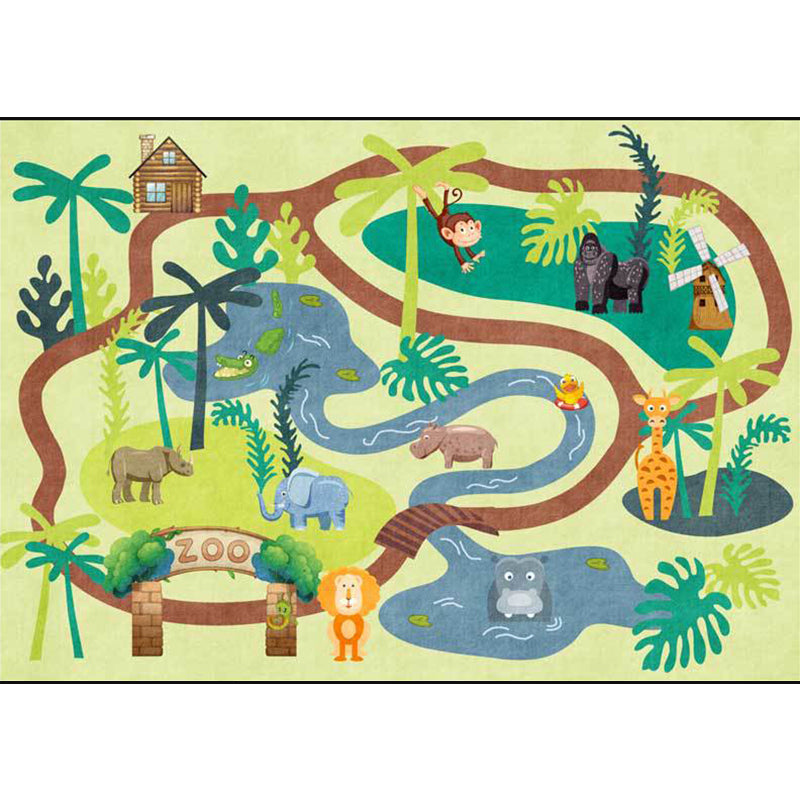 Lisslune | Children's Zoo Pattern Carpet with Animal Brown Polyester Carpet Non-slip Pet Friendly Washable Area Rug for Kids' Room