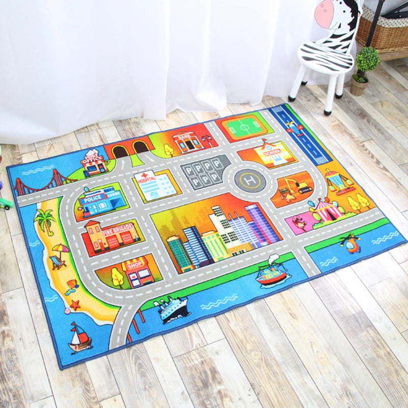 Lisslune | Funky Road Pattern Rug with Buildings in Green and Grey Kids Rug Polyester Pet-Friendly Washable Non-Slip Rug for Decoration