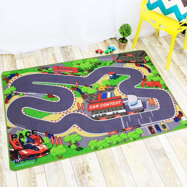 Lisslune | Funky Road Pattern Rug with Buildings in Green and Grey Kids Rug Polyester Pet-Friendly Washable Non-Slip Rug for Decoration