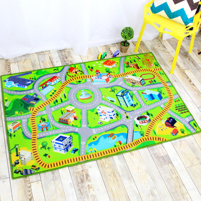 Lisslune | Funky Road Pattern Rug with Buildings in Green and Grey Kids Rug Polyester Pet-Friendly Washable Non-Slip Rug for Decoration