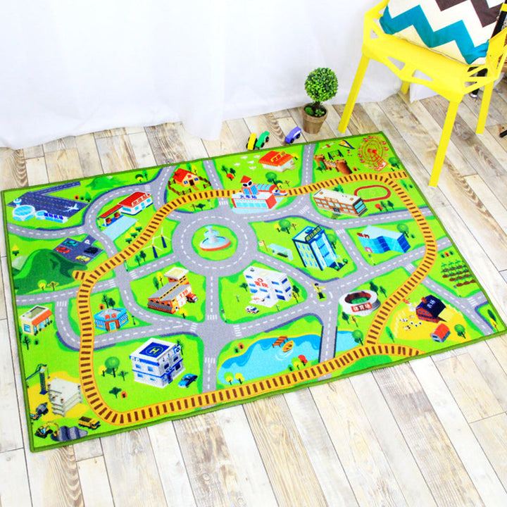 Lisslune | Funky Road Pattern Rug with Buildings in Green and Grey Kids Rug Polyester Pet-Friendly Washable Non-Slip Rug for Decoration