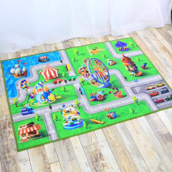 Lisslune | Funky Road Pattern Rug with Buildings in Green and Grey Kids Rug Polyester Pet-Friendly Washable Non-Slip Rug for Decoration