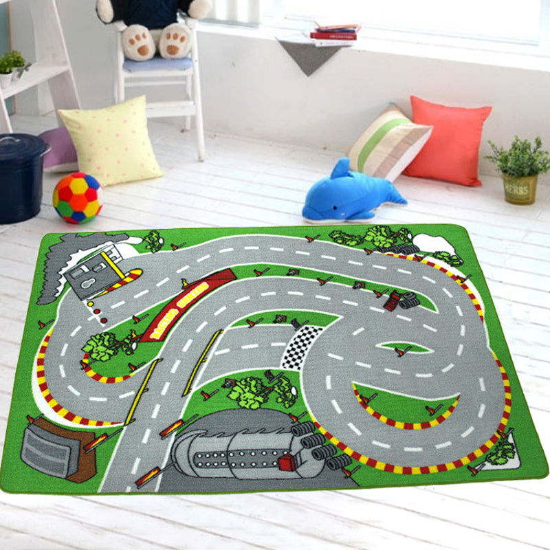 Lisslune | Funky Road Pattern Rug with Buildings in Green and Grey Kids Rug Polyester Pet-Friendly Washable Non-Slip Rug for Decoration