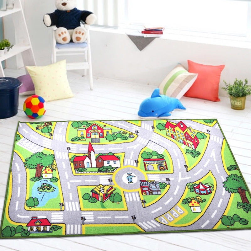 Lisslune | Funky Road Pattern Rug with Buildings in Green and Grey Kids Rug Polyester Pet-Friendly Washable Non-Slip Rug for Decoration