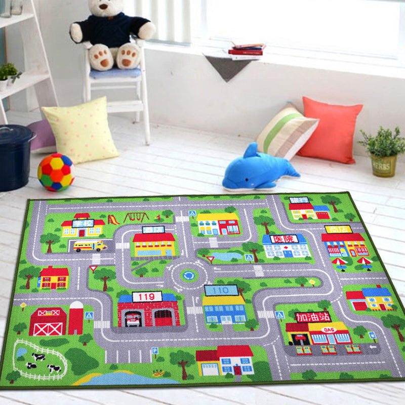 Lisslune | Funky Road Pattern Rug with Buildings in Green and Grey Kids Rug Polyester Pet-Friendly Washable Non-Slip Rug for Decoration