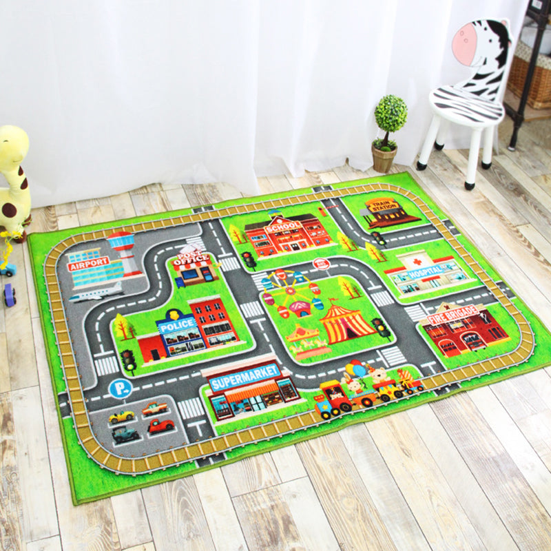 Lisslune | Funky Road Pattern Rug with Buildings in Green and Grey Kids Rug Polyester Pet-Friendly Washable Non-Slip Rug for Decoration