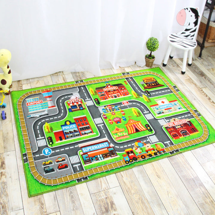 Lisslune | Funky Road Pattern Rug with Buildings in Green and Grey Kids Rug Polyester Pet-Friendly Washable Non-Slip Rug for Decoration