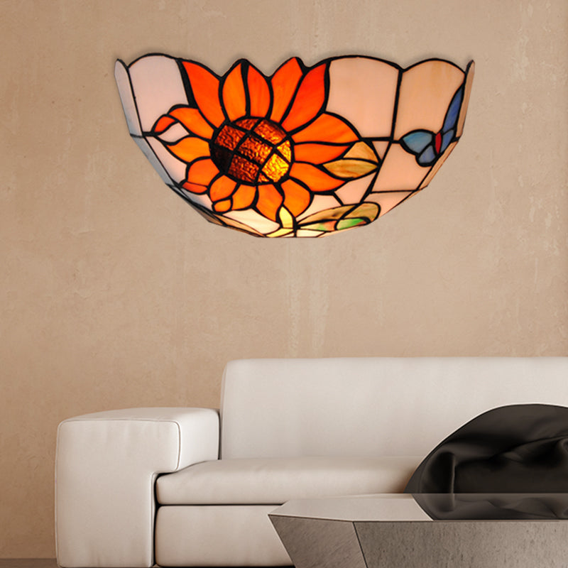 Lisslune | Sunflower Wall Light with Butterfly Pattern Rustic Loft Art Glass 1-Light Wall Lamp for Bedroom