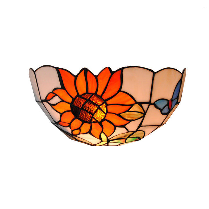 Lisslune | Sunflower Wall Light with Butterfly Pattern Rustic Loft Art Glass 1-Light Wall Lamp for Bedroom