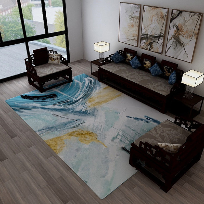 Lisslune | Industrial Watercolor Pattern Carpet Blue Polyester Carpet Non-Slip Pet Friendly Washable Area Rug for Bedroom