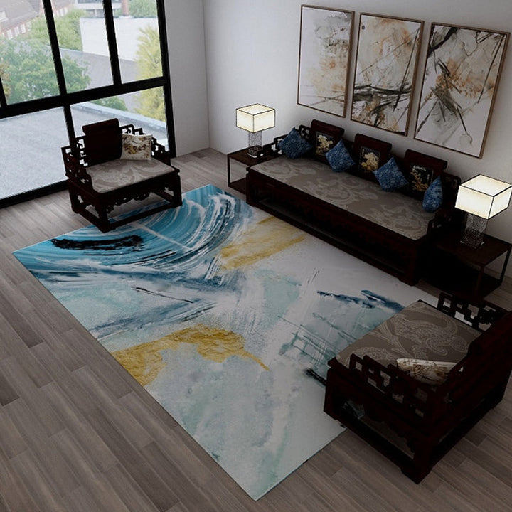 Lisslune | Industrial Watercolor Pattern Carpet Blue Polyester Carpet Non-Slip Pet Friendly Washable Area Rug for Bedroom