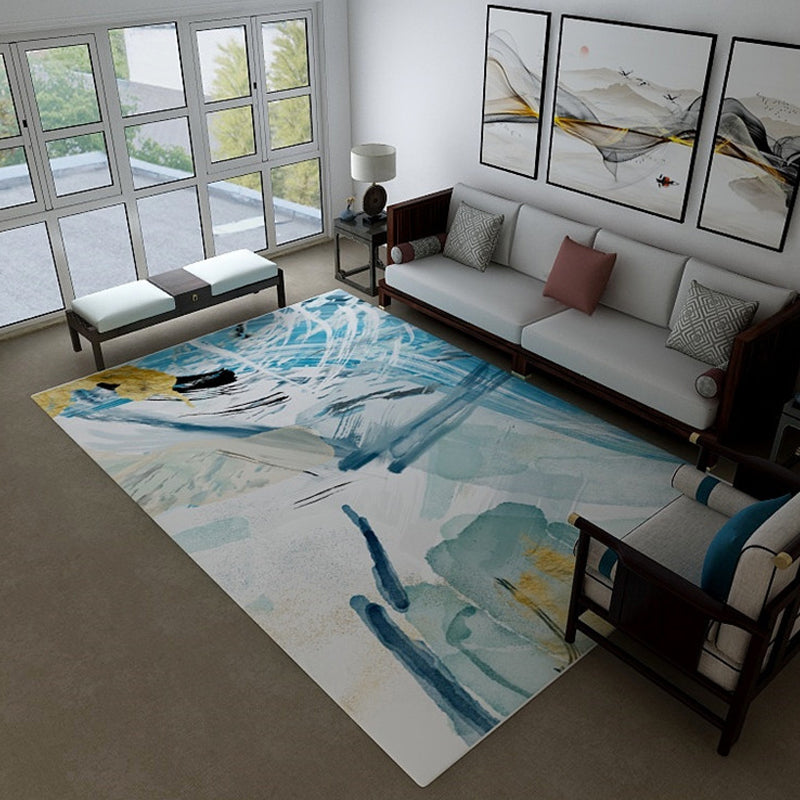 Lisslune | Industrial Watercolor Pattern Carpet Blue Polyester Carpet Non-Slip Pet Friendly Washable Area Rug for Bedroom