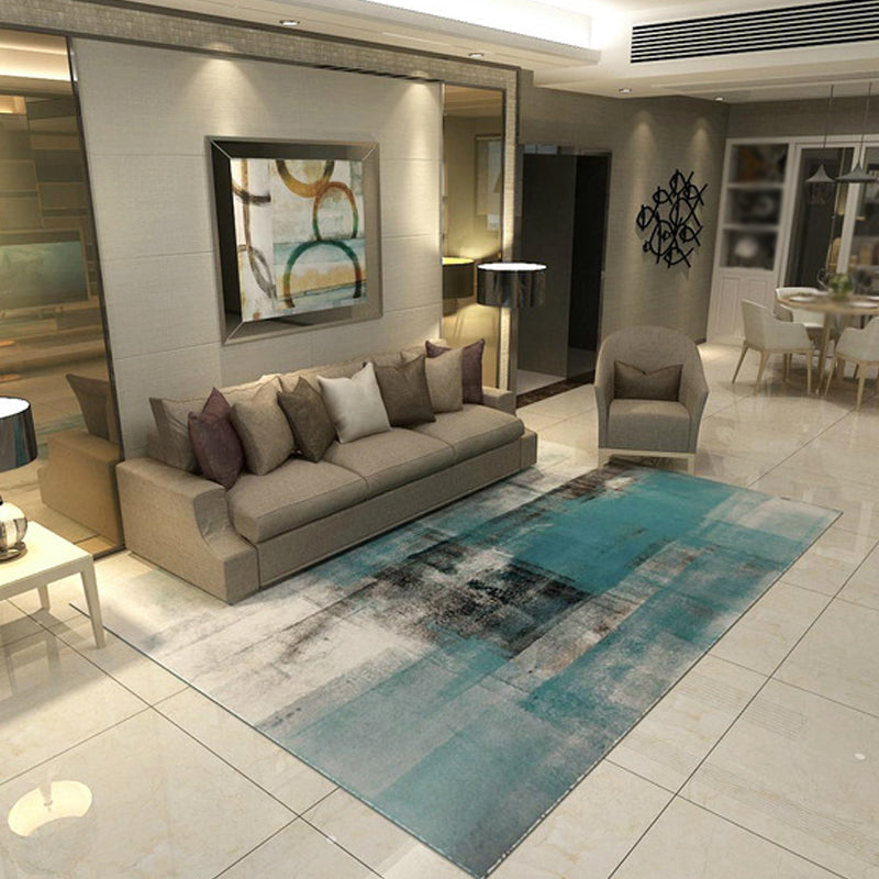 Lisslune | Unique brush stroke pattern rug blue industrial rug polyester pet-friendly washable non-slip area rug for bedroom