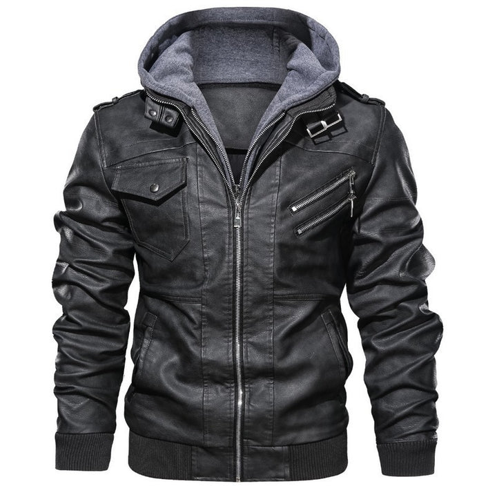 Men's synthetic leather jacket with removable hood and multiple zippered pockets Lisslune