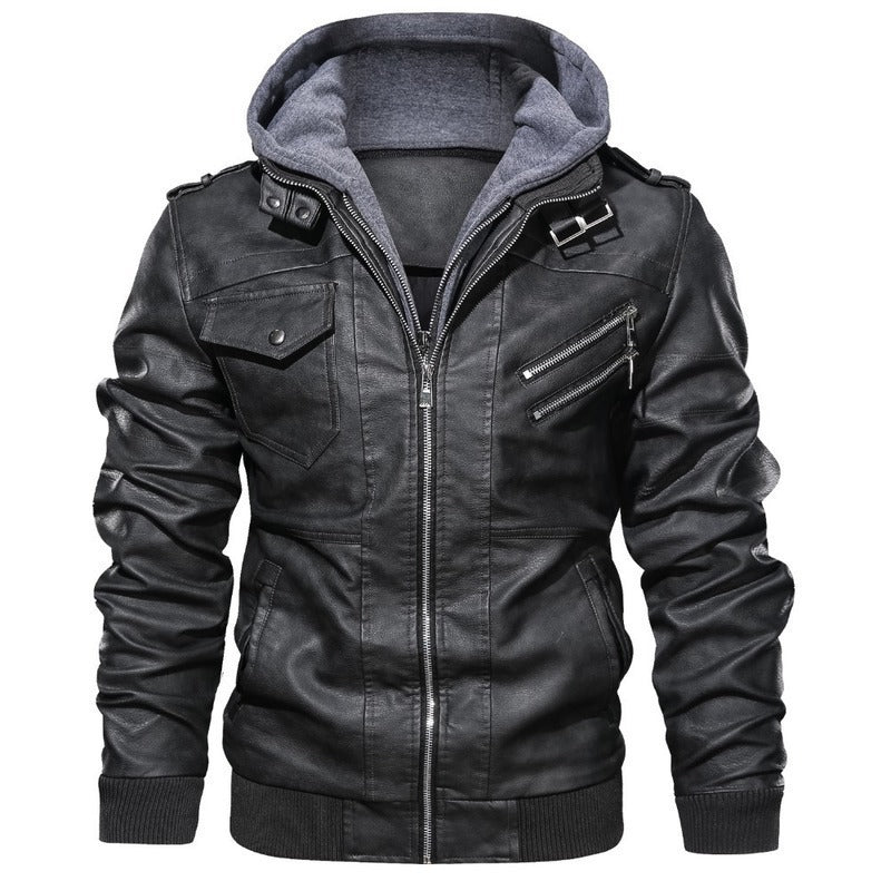 Men's synthetic leather jacket with removable hood and multiple zippered pockets Lisslune