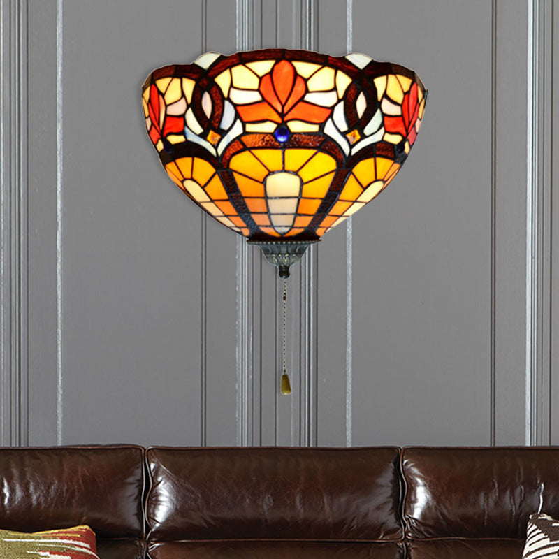 Lisslune | Stained Glass Wall Lamp with Flower Pattern and Pull 1 Light Victorian Wall Lamp