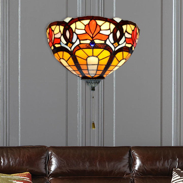 Lisslune | Stained Glass Wall Lamp with Flower Pattern and Pull 1 Light Victorian Wall Lamp