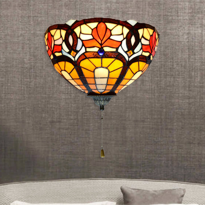 Lisslune | Stained Glass Wall Lamp with Flower Pattern and Pull 1 Light Victorian Wall Lamp