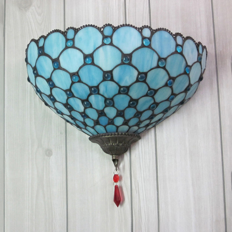 Lisslune | Wall Mounted Light with Fish Scale 1 Light Geotord Glass Tiffany Style Blue Wall Light