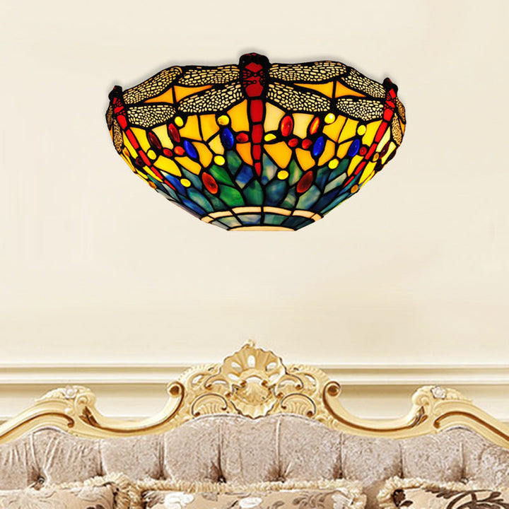 Lisslune | Dragonfly Wall Light Rustic Lodge Stained Glass 1 Light Wall Mount Lighting in Yellow and Green
